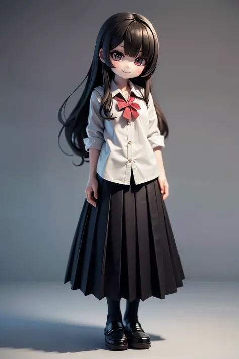 、Jewel-like eyes、full body、smile、Long black hair、Pleated skirt+Collared shirt