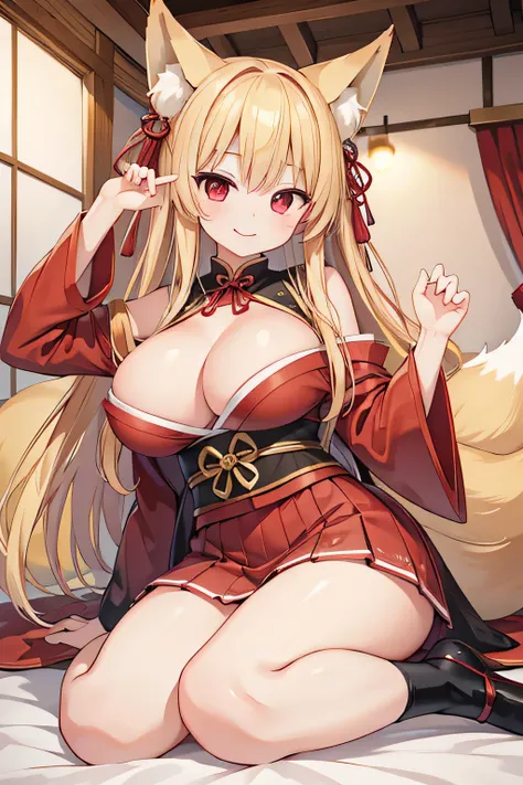 highest quality、smile、Big Breasts、Cleavage、Fox ears、Long blonde、Red Eye、uniform、mini skirt、Japanese-style room、Angle from below