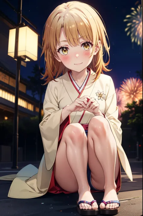 irohaisshiki, Iroha Isshiki, Long Hair, Brown Hair, (Brown eyes:1.5), smile,Yellow Kimono,Thick sleeves,White tabi,Sandals,日本のFestivalり,夏Festivalりの屋台,Red lantern,Fireworks in the night sky、Fireworks,The place is a fireworks display,Time is night,sunny day,...