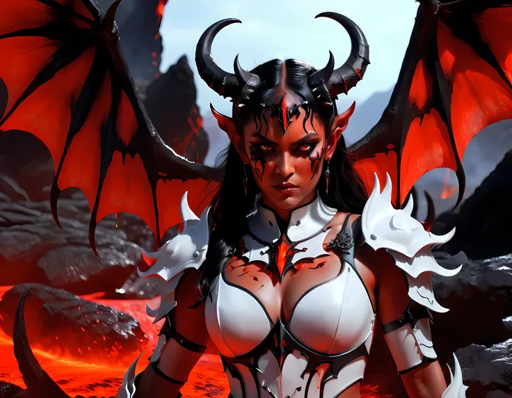 fantasy art, rpg art, masterpiece, a portrait picture o hellish female demon from hell, she has (black horns: 1.2), (black: 1.2)...