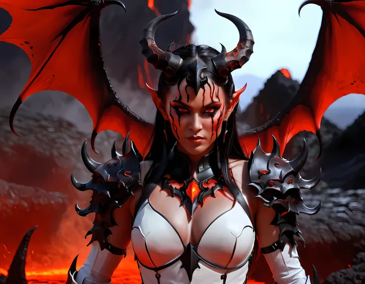 fantasy art, RPG art, masterpiece, a portrait picture o hellish female demon from hell, she has (black horns: 1.2), (black: 1.2) demon wings, (red: 1.3) skin, red lava dripping from her, she wears (white: 1.3) armor, hdsrmr, streams of rolling lava, hell i...