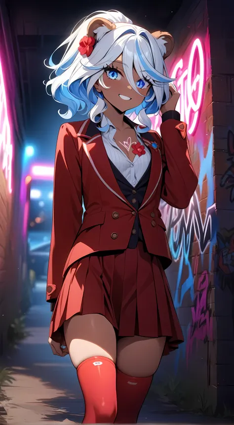 (female): solo,furina, (perfect face), (detailed outfit), (20 years old), beautiful female, (lion ears), calm, (smiling), (hand on own head),  (ponytail),  (dark skin), small chest_circumference, (red school uniform), (red miniskirt, red thighhighs), (flow...