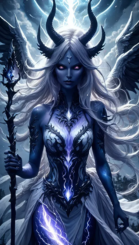 Demoness, busty, ((highest quality)),(ultra high resolution),(Super detailed),(detailed description),((best CG)),(best work of art),super precision art,amazing drawing art,(Fantasy art with intricate detail:1.5), A spear of light that pierces heaven and ea...