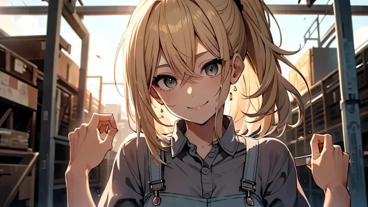 ((highest quality)), ((masterpiece)), (detailed), Perfect Face、factory、Use a spanner、blonde、Smooth Hair、ponytail、Overalls、Handshake、smile、Sweat、Upper Body、