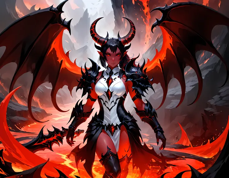 fantasy art, RPG art, masterpiece, a portrait picture o hellish female demon from hell, she has (black horns: 1.2), (black: 1.2) demon wings, (red: 1.3) skin, red lava dripping from her, she wears (white: 1.3) armor, hdsrmr, streams of rolling lava, hell i...