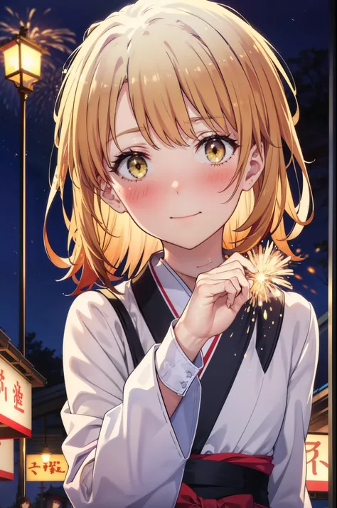 irohaisshiki, Iroha Isshiki, Long Hair, Brown Hair, (Brown eyes:1.5), smile,Yellow kimono,Thick sleeves,White tabi,Sandals,日本のFestivalり,夏Festivalりの屋台,Red lantern,Fireworks in the night sky、Fireworks,The place is a fireworks display,Time is night,sunny day,...