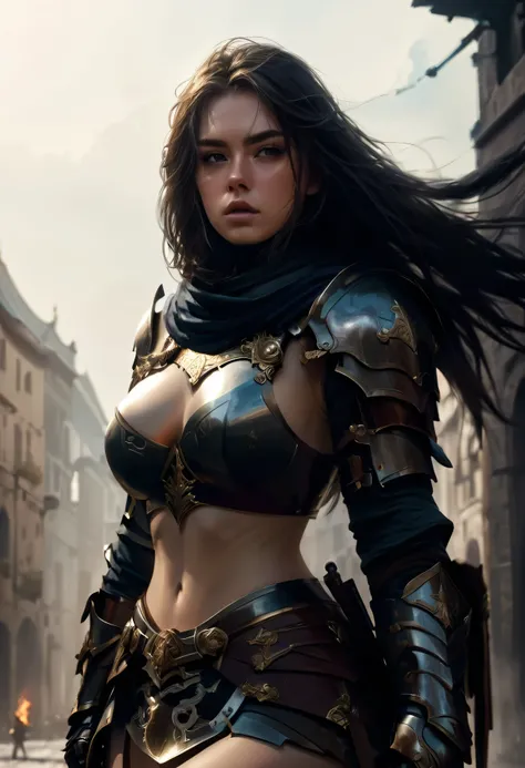 a woman in armor posing with a sword on a street, Alena Aenami und Artgerm, Atemberaubende Charakterkunst, wlop and artgerm, Fantasy-Charakterkunst, epic Fantasy-Charakterkunst, of a beautiful female knight, epische exquisite Charakterkunst, Deviantart Art...