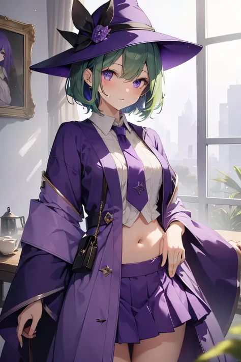 highest quality、Very delicate and beautiful、(Teenage Girls)、Beautiful eyes、Beautiful Eyes、Purple Eyes、Green Hair、Short-haired、(Purple Witch Hat)、Purple tie、I、Short sleeve、Purple Skirt,Purple Wizard Robe、belly button、standing、Facing forward