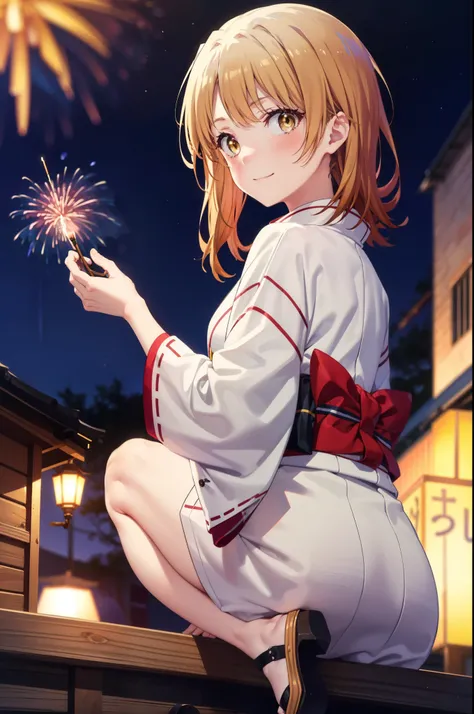 irohaisshiki, Iroha Isshiki, Long Hair, Brown Hair, (Brown eyes:1.5), smile,Yellow kimono,Thick sleeves,White tabi,Sandals,日本のFestivalり,夏Festivalりの屋台,Red lantern,Fireworks in the night sky、Fireworks,The place is a fireworks display,Time is night,sunny day,...