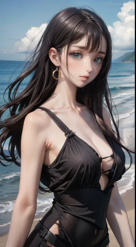 Beach,Black Hair,Straight hair,Black Dress,Nipples,smoking,Super high quality,masterpiece,super high quality,Ultra-high resolution,Best image quality,Top class,最high quality,Highest Resolution,high quality,beautiful,beautiful,high quality,Genuine texture,G...