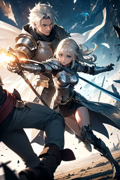 male wizard and female knight attacking enemy