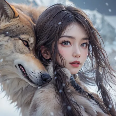 Hide in the snow mountain、Hair flows、 ((highest quality、masterpiece、8k、best image quality、ultra high resolution、Award-winning work)、(accurate anatomy:1.1)、(look at me and smile:1.1)、Shining fair skin with ultra high resolution、most detailed face、ultra high...
