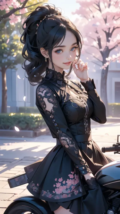 (girl riding a motorcycle:1.2),A park where cherry blossoms dance,gothic lolita dress,(random cute pose),(random hairstyle),(Highest image quality,(8K), Ultra-realistic, Best Quality, High quality, High Definition, high quality texture, high detailing, Bea...