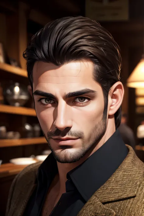 (front view) Very detailed photo of an Italian man, Detailed coffee shop background, (With black hair), (black eye) (symmetrical handsome face) nice and well defined nose, (Well marked and angled chin), Balanced and plump lips, Incredibly realistic photos,...