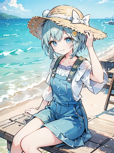 Seiun Sky | Uma Musume: Pretty Derby、Ocean、sitting on the quay 、fishing rod、perfect fishing rod、summer、Clothes　Overalls、Straw hat、smile