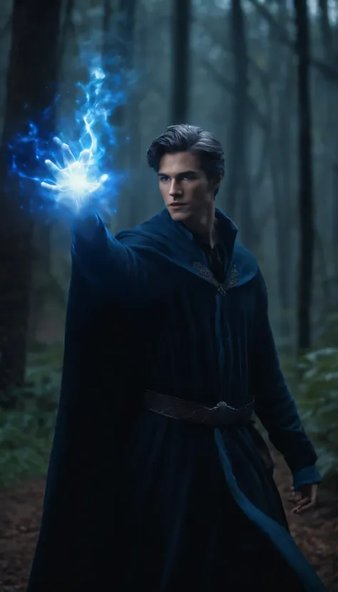 8k, a young male wizard with black clothes with grey short hair with blue aura from his hand, croaching and fighting in medieval forest