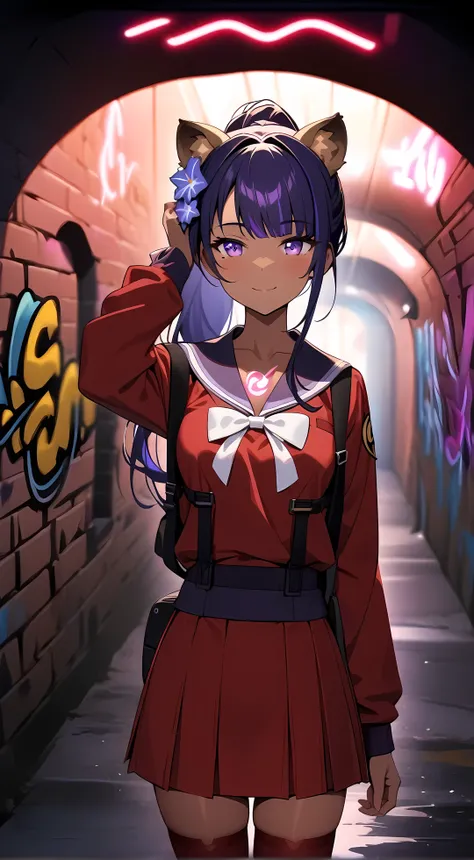 (female): solo,raiden shogun, (perfect face), (detailed outfit), (20 years old), beautiful female, (lion ears), calm, (smiling), (hand on own head),  (ponytail),  (dark skin), small chest_circumference, (red school uniform), (red miniskirt, red thighhighs)...