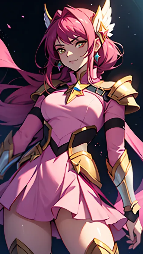 Garota branca e loira, wearing armor as lol star guardian in pink outfit 