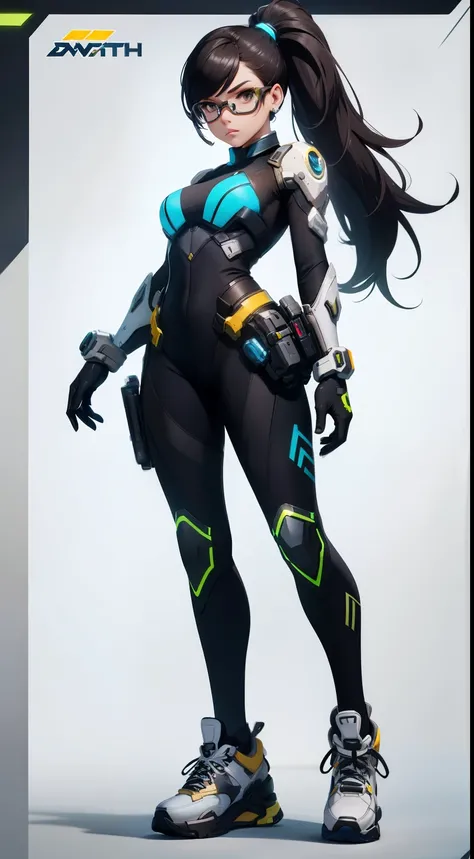 Female character concept, beautiful, cute face, sci-fi costume, stylized, with gloves and ponytail, overwatch style, sci-fi elements on the costume, full body with air force sneakers