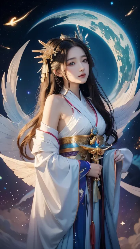 Close-up of a woman in a heavenly maiden dress, Beautiful Celestial Magician, ((Beautiful Fantasy Empress)), Beautiful Fantasy Empress, goddess, エレガントなShrine maiden, Flowing magical robes,Facing forward,Blue eyes,Anime fantasy illustration, Shrine maiden, ...