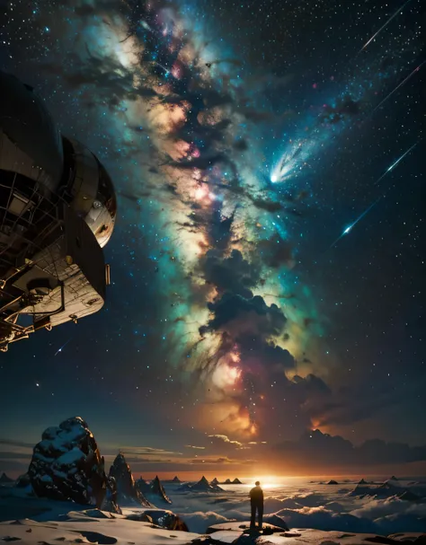 Space Odyssey: A colossal space station orbits a distant planet, its gleaming surfaces reflecting the light of nearby stars. Advanced spacecraft dock at the station, preparing for interstellar journeys to uncharted galaxies. In the distance, a nebula casts...