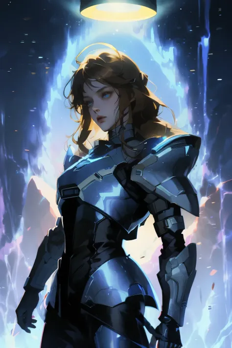 Big black eyes, Halo, Light Brown Wavy Long Hair, Black and blue sci-fi armor, Sci-fi style, high quality, atmosphere, war