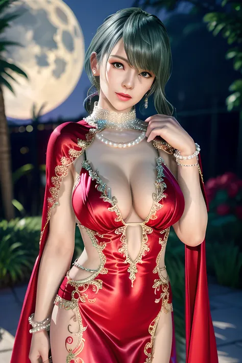 1 girl,lean over WINK,((Wearing Ice-crystal embellished dress:1.5),(Wearing Jewel:1.2) ,( red lace_cloak:1.3),(Fluffs :1.4),(pearl bodychain:1.3),garden,nighttime,moon,( huge breasts ),cleavage,shiny skin,lip gloss,tattoos, masterpiece, best quality, reali...