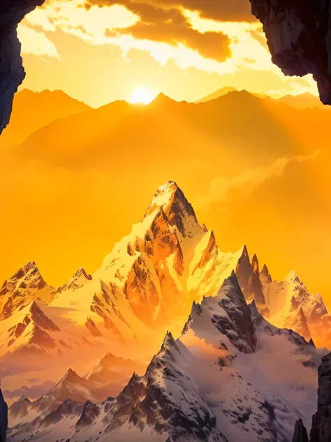 Mountains are seen through a cave in the sunset, Mountains in a background, sunshine lighting high Mountains, beatiful Mountain background, rising from Mountain range, Mountain scape. Movie stills, Mountain sunrise, high Mountains, Mountain, Mountains on b...