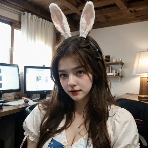 Anime girl gamer sitting at a computer chair, with cheeks and a rough look, with blue eyes and light brown hair and bunny ears