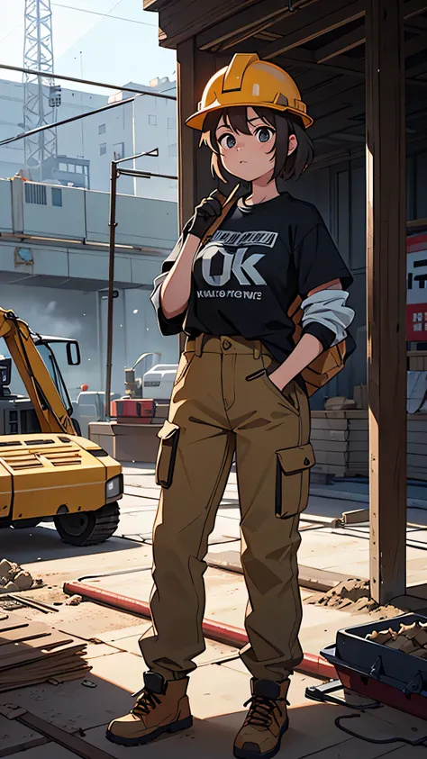 Girl at the construction site, Wear a long-sleeved T-shirt, cargo pants, Safety Helmet, and holding a A powerful method in her hand. Transporting single-tube pipes, Expressing weight, Painful face,

(High resolution,4K,highest quality:1.2),Very detailed,(R...