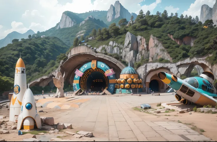  The entrance of the cave park features an open-air tunnel with colorful rocket and space-themed decorations, including elements such as rockets and spaceships. The background is surrounded by green mountains, photographed using Canon cameras with wide-ang...