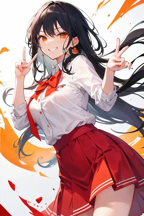 Woman, Long skirt, indonesian school suit, Black hair, Red skirt, Peace finger, grin emotion, OSIS logo, orange eye