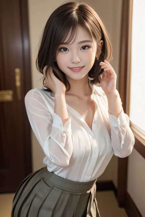 (masterpiece,highest quality,超A high resolution),Japanese women, (((Very cute 16 year old girl))), View the photographer, Front view, ((Bobcut)), Super cute face, Glossy lips, Double eyelids on both eyes, Focus your eyes, Natural Makeup, bangs, Shiny and s...