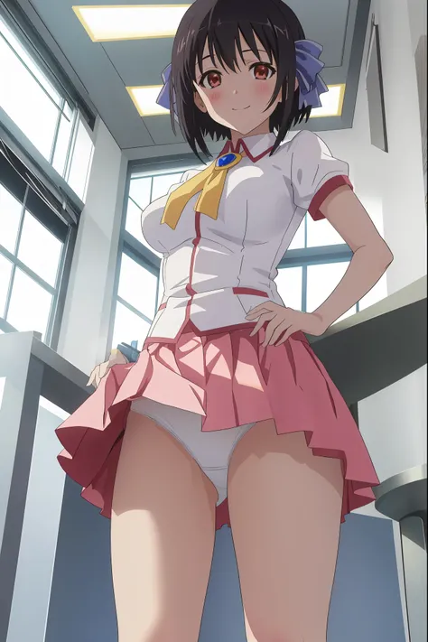 [anime styled]],[[digitalart]],1girl,solo,(portrait),Tomomi_saikyou,black hair,Short hair,bob cut,hair ribbon,midium build,1girl in,short torso,anime screen cap,cel shading,smile, blush,(strong light,((brighten the subject)),classroom,standing,uniform,shor...