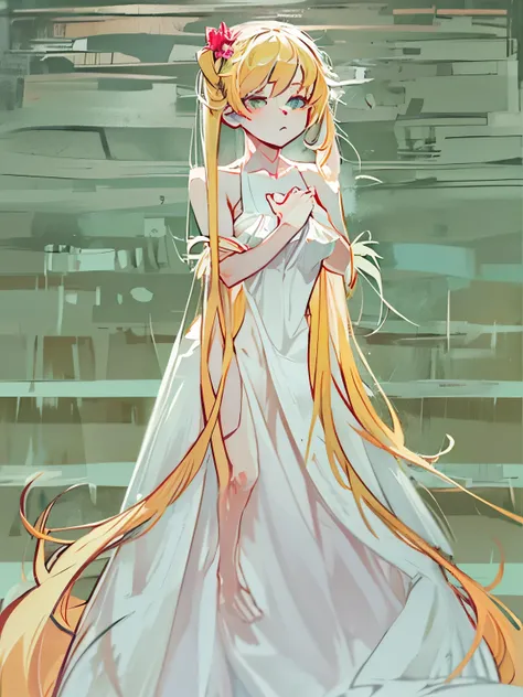 nsfw,oshino_shinobu,blonde,long hair,white dress,(perfect hands),(perfect anatomy),(masterpiece),(highest quality)