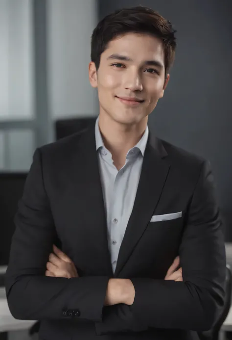 A man, oily short hair,, Black suit, Smile, Black short hair, In an office with a gray background,, Highly Authentic, Ultra HD, Chiaroscuro, Ultra Detailed