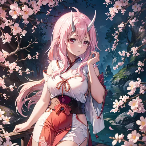 1girl, solo, masterpiece,extremely detailed CG unity 8k wallpaper,1girl, beautiful, realistic, ,, branch, plum blossom, depth_of_field, flower, jewelry, nose, realistic, solo,chinese clothes,fingers hidden, arms hidden, Shuna, pink hair, oni horns, white h...