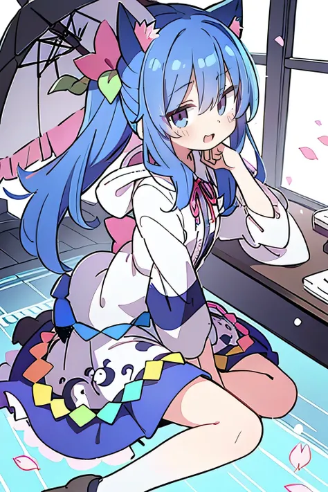 （masterpiece：1.2），Super detailed，lifelike，Expressive eyes，fair skin，perfect face shape，1 girl，
Japanese comics,Gorgeous blue hair,flowing blue hair,flowing clothes,Cat ears,Petals fall,beautiful lola,Baby Angel,
Shaking head with one hand，Cross your legs，G...