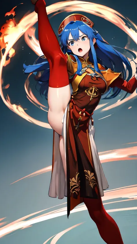 masterpiece, best quality,  def_lilina, {angry}, china dress, standing on one leg, 1 girl, standing_split, high kick, fighting s...