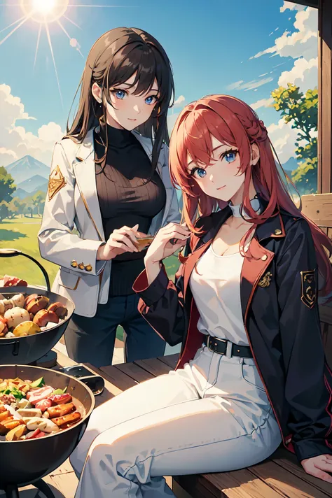 (masterpiece), (highest quality), ((Very exquisite beautiful face and eyes)), Bright colors, Anime Style, 2. Young women, Dynamic Angle, Have a barbecue at the campsite, Jacket, Loose trousers, tent, What is, sun, Warm Light,