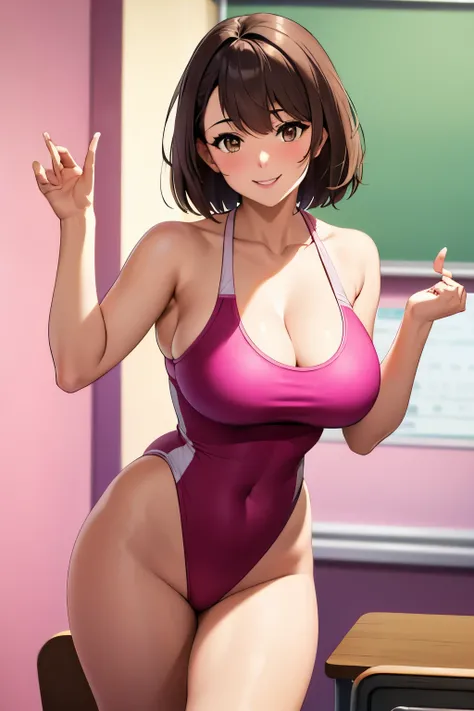 , Young people, 19 years, Brown Hair, Haircut with dull bangs, Brown eyes, beautiful Brown eyes, Large Breasts, Impressive body curves, Mischievous Smile, Pink Lips, , Cute pose, masterpiece, Classroom Background, School、High leg competitive swimsuit