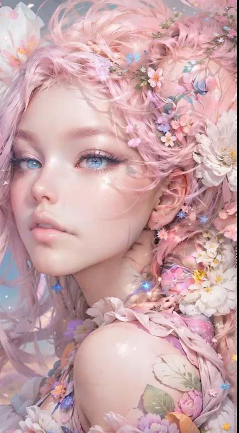 ((masterpiece)). this artwork is dreamy and ethereal, with soft pink watercolor hues. generate a  fairy exploring a bubblegum wo...