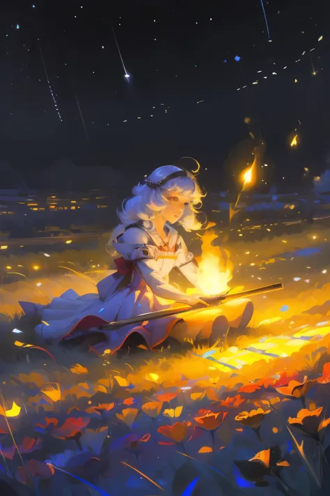 (8k, top quality, masterpiece: 1.2), (Practical, photoPractical: 1.37), Super Detail, A girl, Wide viewing angle, Firefly Garden, Many faint little lights and fireflies flew around, night
