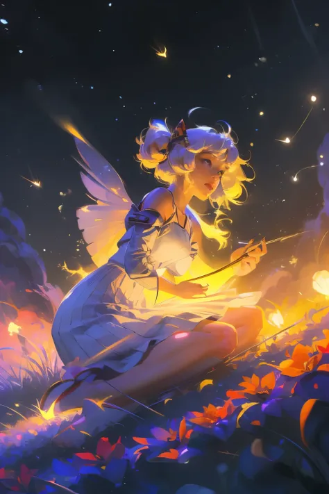 (8k, top quality, masterpiece: 1.2), (Practical, photoPractical: 1.37), Super Detail, A girl, Wide viewing angle, Firefly Garden, Many faint little lights and fireflies flew around, night