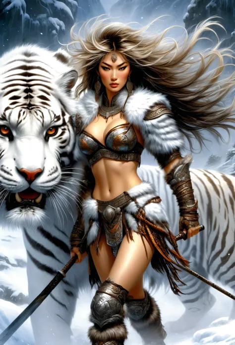 Wearing warm winter clothing made of thick fur, Cleverly combines traditional Chinese design patterns with contemporary elements ，Messy hair, The expression is fierce and full of energy, Sharp eyes，Legendary god holding a spear，arafed image of a woman ridi...
