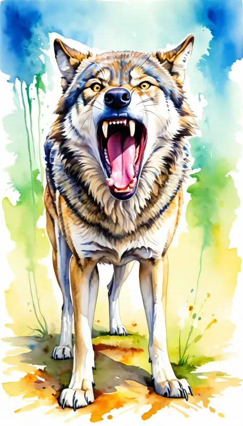 angry wolf standing on the ground with its mouth open showing its fangs, no_humans, animal, tongue, animal_focus, fangs, open_mouth, teeth, solo, tongue_out, modern art, painting, drawing, watercolor, psychedelic colors