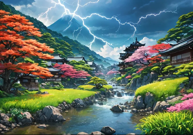 Japan has four seasons、Living creatures and plants change throughout the year、It shows a fascinating landscape。here、Beautiful Japan representing the beauty of nature, 8k, Super Detail, Accurate, highest quality, lightning、Sharp images、High color reproducib...