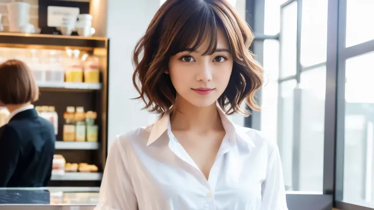 super high quality, Fashion Model, short hair, thin, The staff is working at the counter in the back..., (8k、RAW Photos、highest quality、masterpiece:1.2), Japanese Idols, Serious expression, Shaggy, Brown Hair, Stylish cafe, Fashion magazine shooting, (Real...