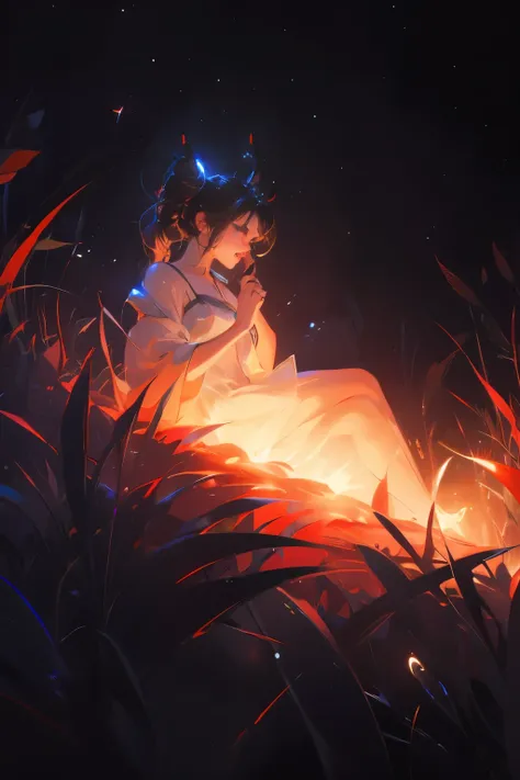 (8k, top quality, masterpiece: 1.2), (Practical, photoPractical: 1.37), Super Detail, A girl, Wide viewing angle, Firefly Garden, Many faint little lights and fireflies flew around, night