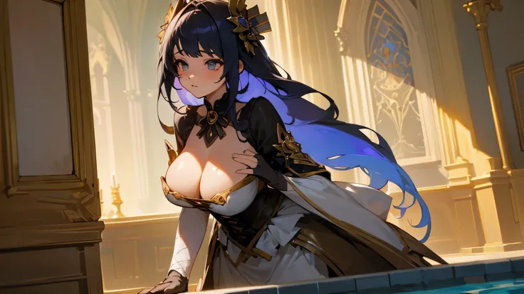 ((masterpiece, highest quality)), close, Straight, Face Focus,((1 girl)), {Long Hair}, ((Big Breasts)), Are standing, hair ornaments, gloves, (Unbelievable absurdity), Gold frame, (Detailed light),Lighting, colorful, layered backgrounds, (Gothic architectu...